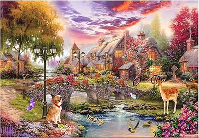 Puzzle 1000 pièces, paysage avec chiens et cerfs pour adultes et enfants