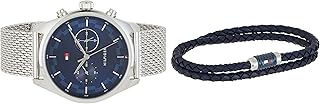 Ensemble montre et bracelet en maille grise et bleue, cadeau pour homme