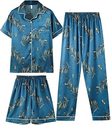 Ensemble pyjama d'été 3 pièces pour hommes en soie simulée, grande taille, boutonné