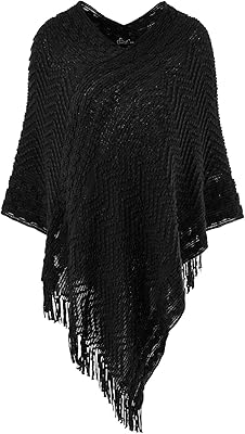 Veste poncho femme confortable et élégante à rayures chevrons et franges, taille unique