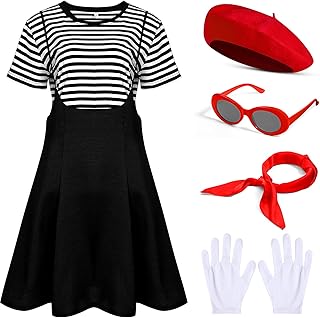 Déguisement français 6 pièces pour femme comprenant une robe noire, un t-shirt rayé, des gants, un chapeau, une écharpe et des lunettes de soleil. Diaytar : Des promotions exceptionnelles toute l'année pour tous les Sénégalais