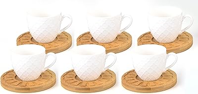 Tasse à café blanche peu profonde avec soucoupe en bambou, 90 ml