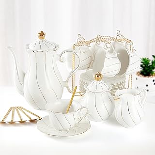 Dujust service à thé en porcelaine blanche 22 pièces pour 6 personnes, tasses