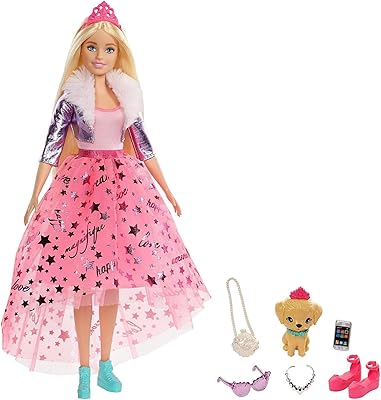 Poupée barbie princess adventure avec chiot, 2 paires de chaussures, diadème et 4
