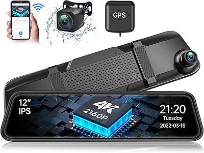 Caméra wifi 4k, rétroviseur avant et arrière 12" avec gps de voiture, capteur