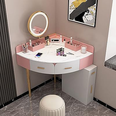 Coiffeuse d'angle, table de maquillage hd avec miroir led de luxe avec commodes