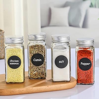 12 pots à épices en verre avec étiquettes, récipient à épices carré. couvercles