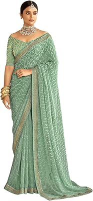 Sari en dentelle georgette imprimée et brodée pour femme avec chemisier bandhani non