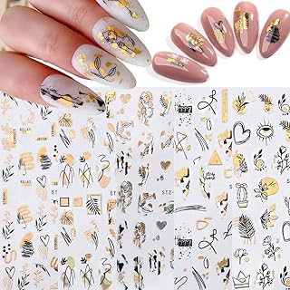 Autocollants pour ongles à fleurs en or noir, 8 feuilles d'autocollants 3d abstraits