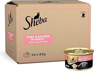 Filets de thon émiettés sheba avec nourriture pour chats au saumon, paquet