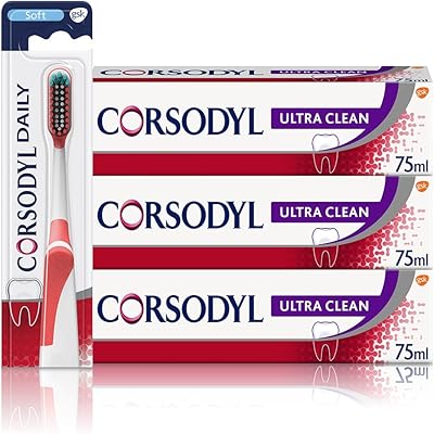 Dentifrice et brosse à dents corsodyl ultra clean gum care, ensemble système (3 x dentifrice au fluorure ultra clean et 1 x brosse à dents à poils souples pour adulte). Diaytar : Votre allié pour des achats malins et économiques