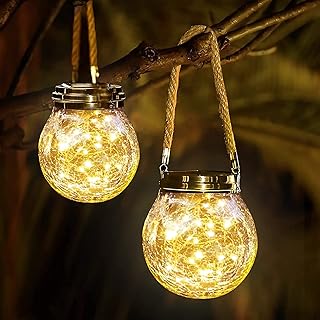 Hjb visso lampes solaires d'extérieur, paquet de 2 lanternes solaires suspendues avec 30 led chacune, boules de verre craquelées à énergie solaire, décoration pour patio, jardin, cour, fête en vacances, noël (lumière chaude). Diaytar : Le e-commerce qui respecte votre budget