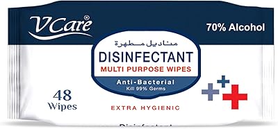 Lingettes désinfectantes multi-usages vcare 48 lingettes 70% d'alcool