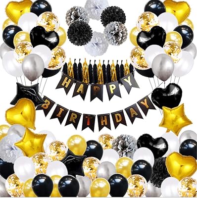 Décorations de fête foro noir et or (102 pièces) bannière joyeux anniversaire, ballons