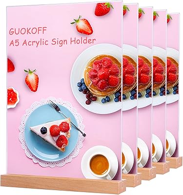 G.u.k.o.f. support de panneau en acrylique a5 (paquet de 5) support de menu a5 en forme de t pour table, support d'affiche vertical double face support de table d'affichage en plastique a5 avec base en bois pour restaurant, hôtel, école, entreprise. Diaytar : Parce que bien acheter, c'est économiser