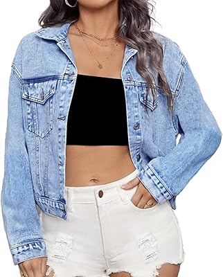Veste courte en jean pour femme à manches longues et capuche avec cordon