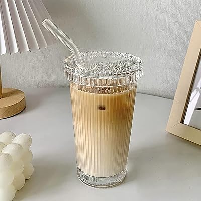 Tasse à café rayée en verre avec couvercle et paille, tasses pour eau, café glacé, lait, thé, jus (a-strip). Diaytar Sénégal : Qualité garantie, prix imbattables, livraison rapide