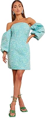 Robe courte à épaules dénudées et manches longues pour femme, bleu