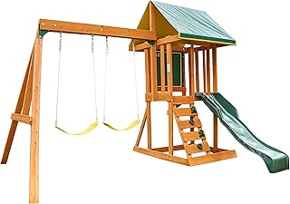Kidkraft appleton balançoire en bois avec balançoire, toboggan, mur de pierre, mur