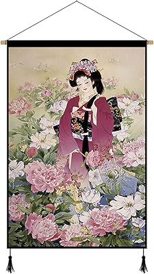 Fond de fenêtre d'art mural suspendu de dame japonaise, tapisserie en maille rouge
