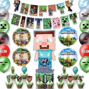 Fournitures de décoration de fête d'anniversaire sur le thème de minecraft, comprenant une bannière de joyeux anniversaire, des ballons en aluminium, des ballons en latex et des décorations pour cupcakes. Simplifiez vos achats avec Diaytar, le e-commerce nouvelle génération