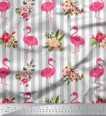 Tissu rayé soimoi en georgette mousse blanche et imprimé floral flamant rose