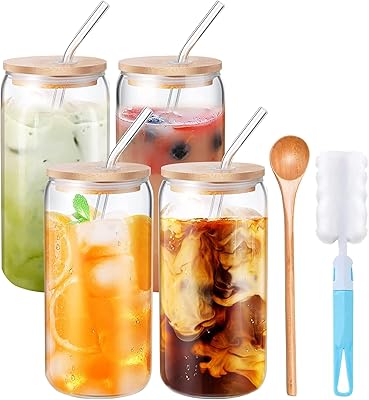 Ensemble de tasses en verre bayani value avec couvercles et pailles, 4 tasses