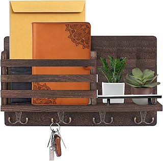 Support de rangement mural en bois avec 4 crochets doubles pour clés, porte-courrier