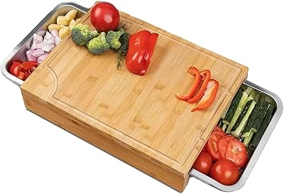 Planche à découper en bambou avec deux plateaux de rangement en acier inoxydable