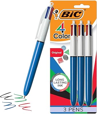 Stylo à bille bic 4 couleurs, pointe moyenne - paquet de 3