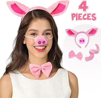 Ensemble d'accessoires de costume oreilles, nez et queue de cochon, taille unique, rose