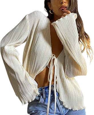 Haut court en maille transparente y2k pour femme avec manches larges et boutons