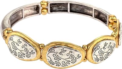 Bracelet en perles gravées florales pour femmes en argent et en or extensible