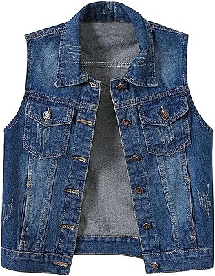 Veste en jean délavé avec boutons pour femme, gilet court sans manches, 6