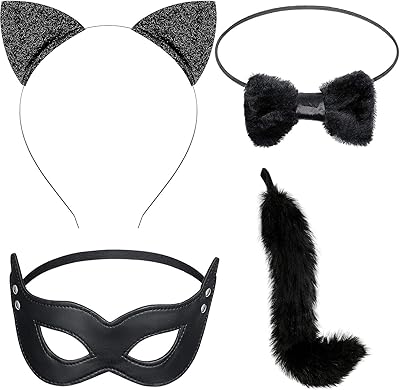 Ensemble de costumes de chat 4 pièces, longue queue de chat en fourrure