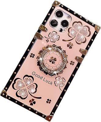Yesunktt pour iphone 12 / iphone 12 pro bling clover ring holder square