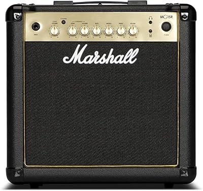 Combo guitare marshall 15 watts noir et or avec réverbération à ressort mg15gr