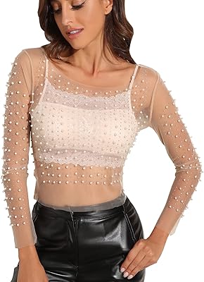 Chemisier à perles pour femme avec strass transparents et manches longues, une pièce