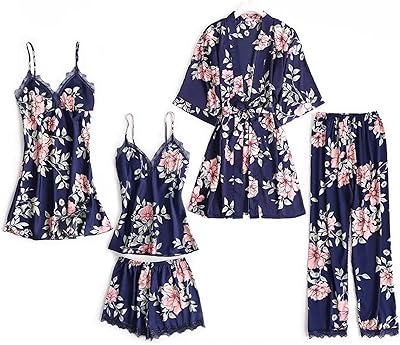 Pyjama en satin de soie pour femme, 5 pièces, vêtements de nuit doux