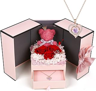 Coffret cadeau en forme de rose préservée comprenant un collier à double cœur