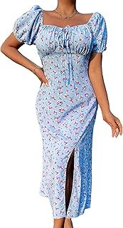 Robe longue à imprimé floral pour femme avec col en cœur, manches bouffantes