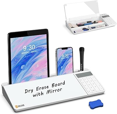 Tableau blanc en verre argenté avec calculatrice et miroir intégré, tableau de bureau