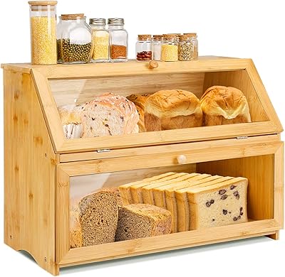 Grande boîte à pain en bambou double couche pour table de cuisine, boîte