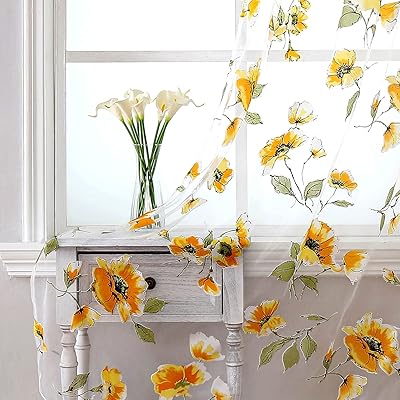 Rideaux transparents broshan à fleurs jaunes, 1 ensemble de 2 panneaux, magnifiques fleurs