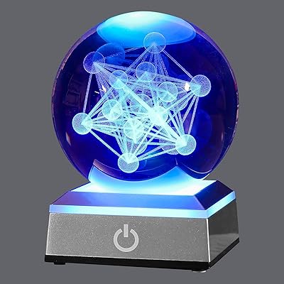 Boule de cristal cube métatron 3d chinto avec base tactile led colorée, veilleuse