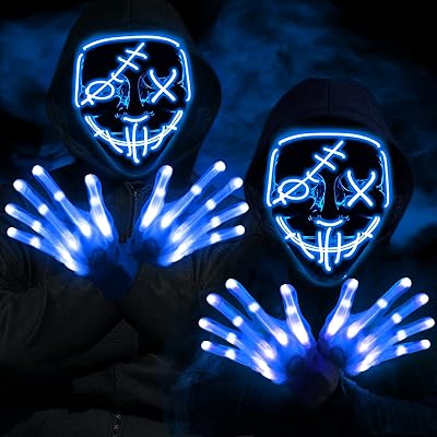 4 pièces masque led d'halloween et gants lumineux effrayant masque anonyme brillant
