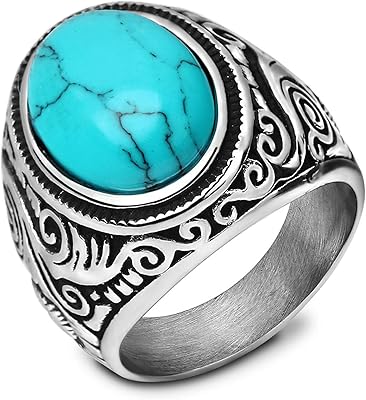 Bagues classiques en pierre turquoise pour hommes, bague de motard en acier inoxydable