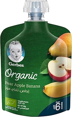 Purée de poire, pomme et banane biologique, nourriture pour bébé gerber, 90 g