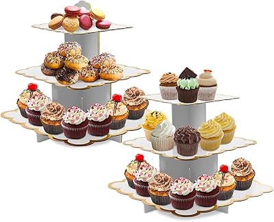 Support à cupcakes, lot de 2 assiettes à dessert carrées à 3 niveaux