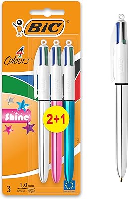Stylo à bille rétractable bic 4 couleurs moyen brillant, paquet de 2 +